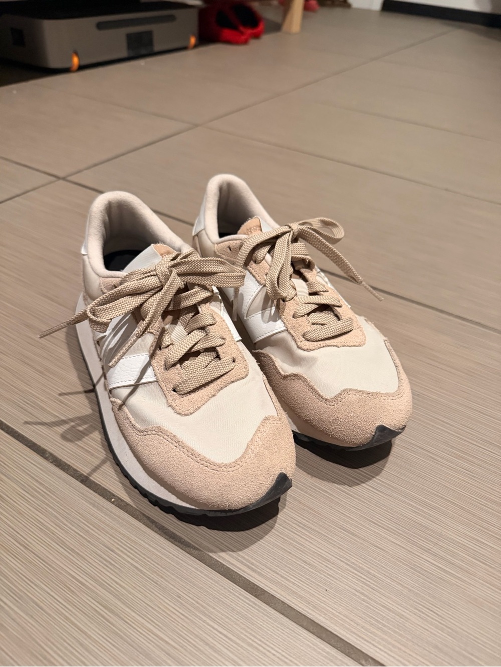 New Balance Beige and White Retro-Style Running Sneakers